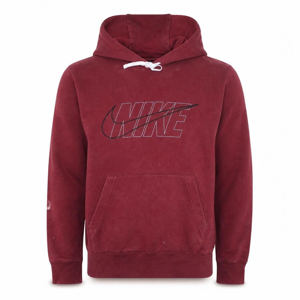 Front view of Nike men’s red pullover hoodie l regular fit graphic logo fleece
