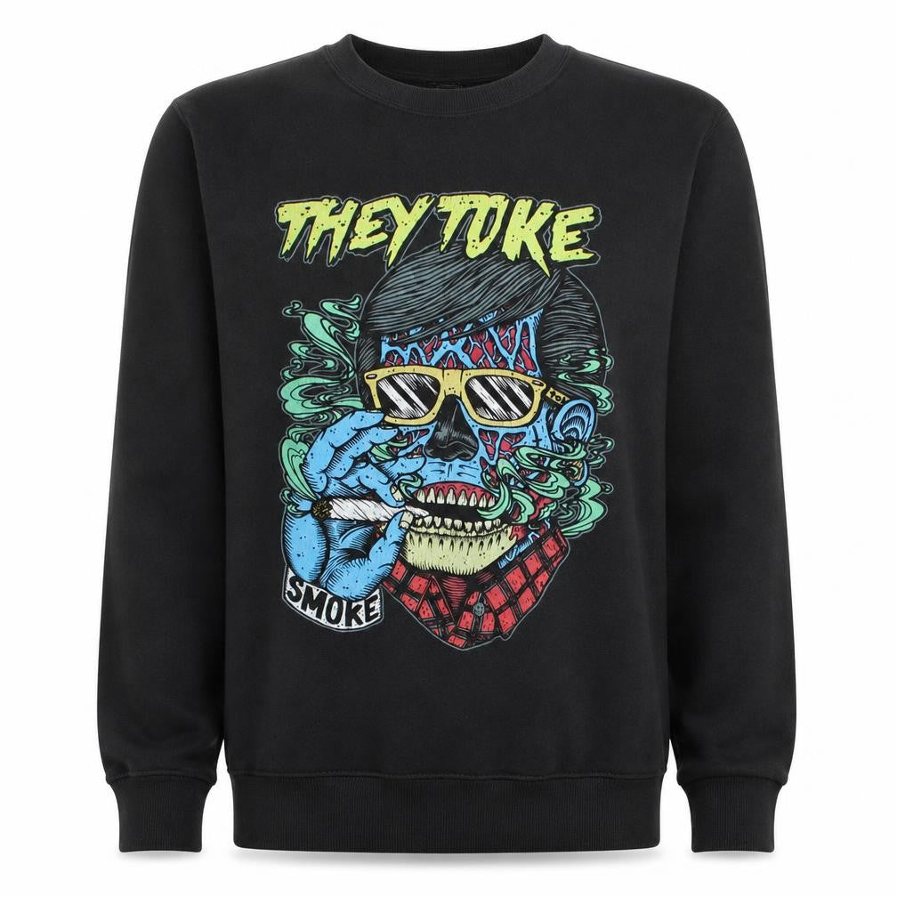 Front view of SG unisex black graphic print pullover sweatshirt, size L
