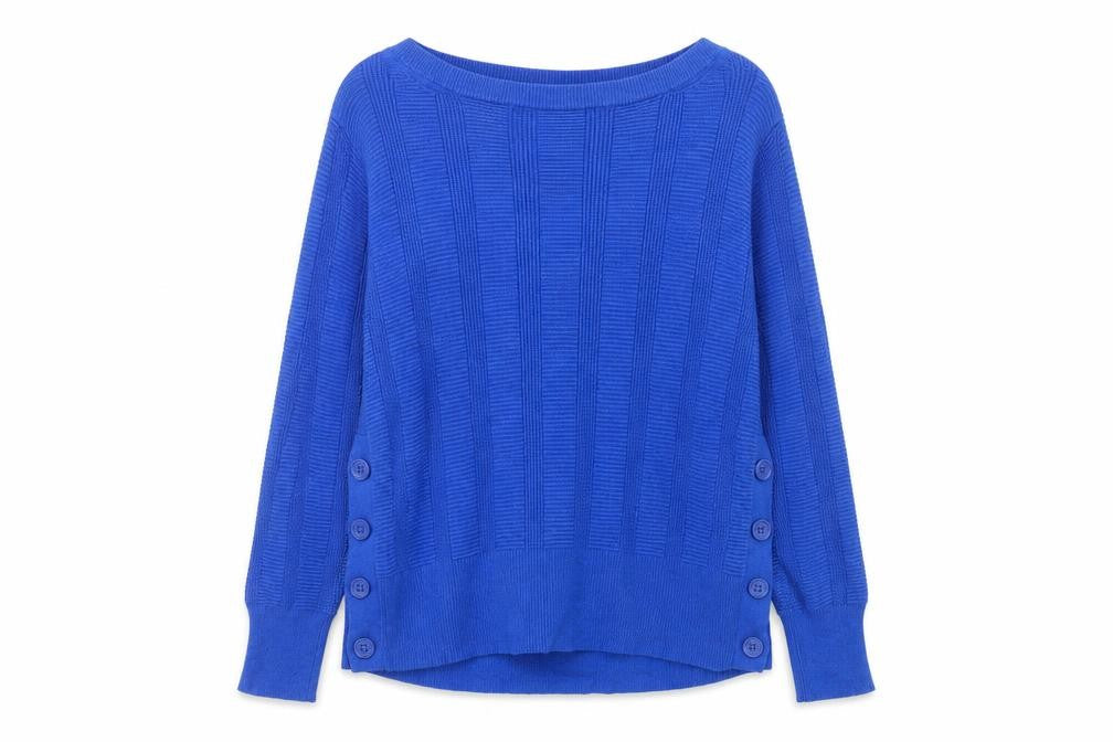 Front view of Marks & Spencer Women's Blue Boat Neck Button jumper, size 14