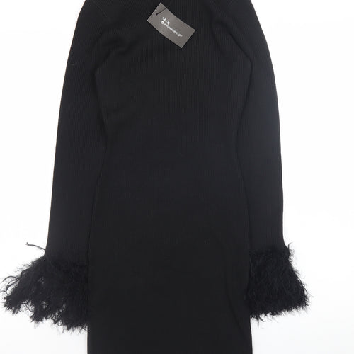 Wednesday's Girl Women's Black XS Bodycon Knit Dress with Feather Cuffs