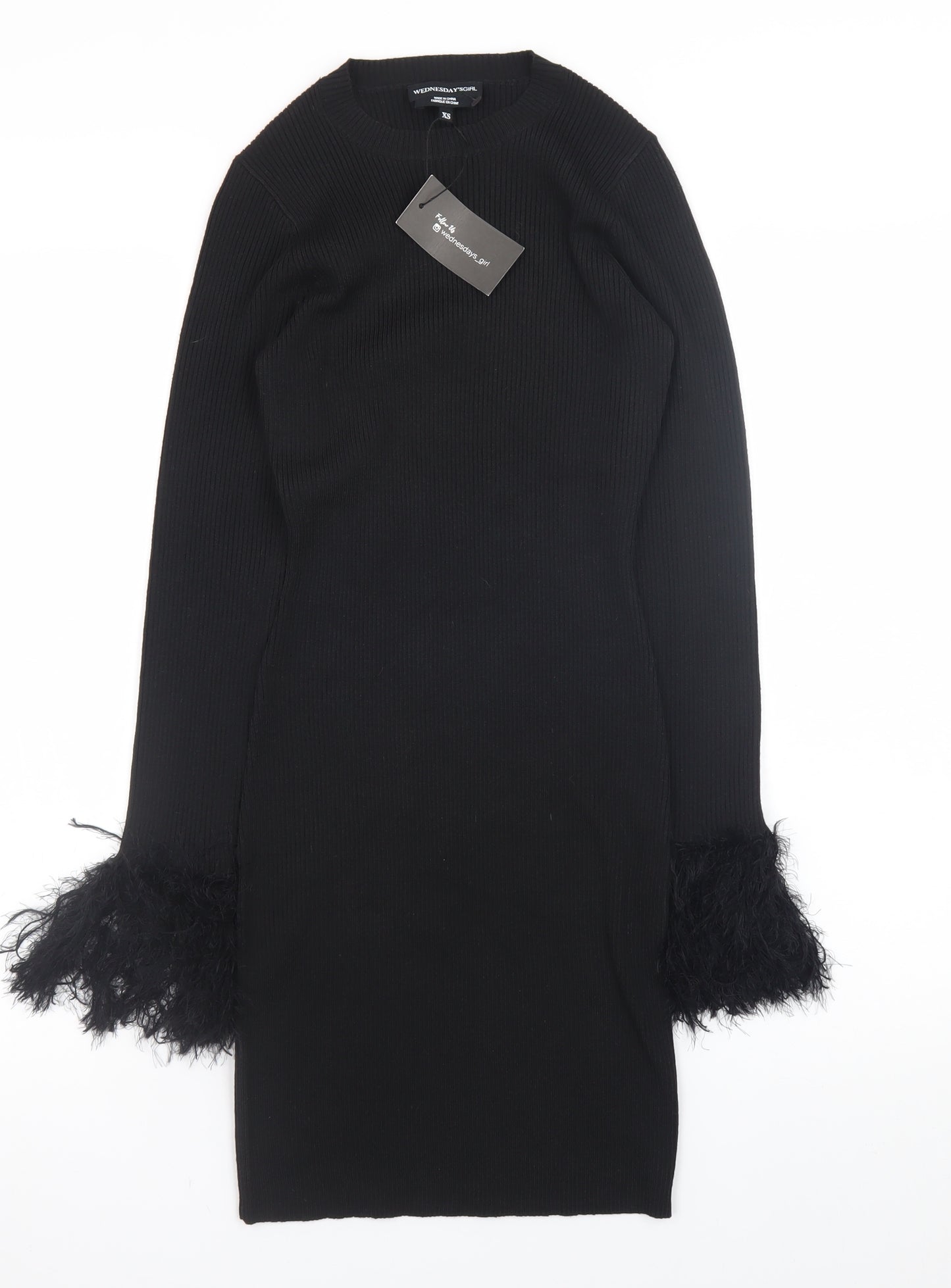 Wednesday's Girl Women's Black XS Bodycon Knit Dress with Feather Cuffs