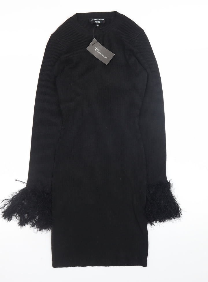 Wednesday's Girl Women's Black XS Bodycon Knit Dress with Feather Cuffs