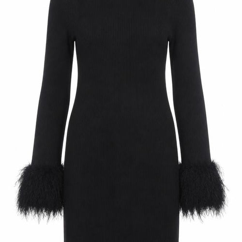 Wednesday's Girl Women's Black XS Bodycon Knit Dress with Feather Cuffs