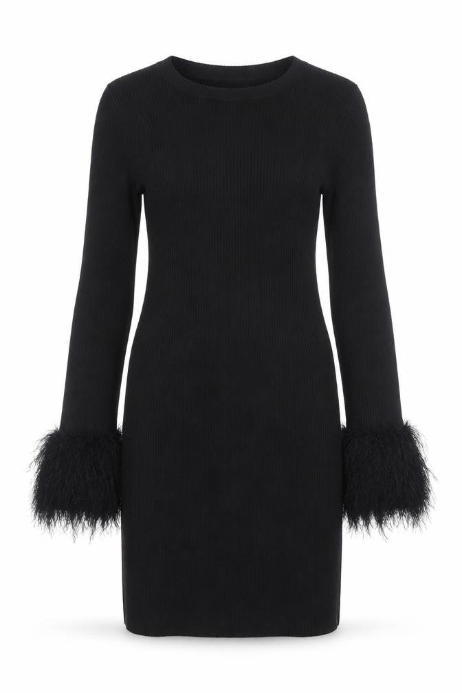 Wednesday's Girl Women's Black XS Bodycon Knit Dress with Feather Cuffs