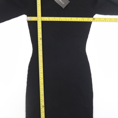 Wednesday's Girl Women's Black XS Bodycon Knit Dress with Feather Cuffs