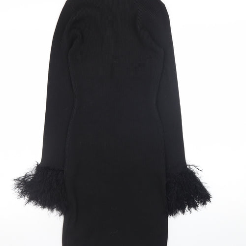 Wednesday's Girl Women's Black XS Bodycon Knit Dress with Feather Cuffs