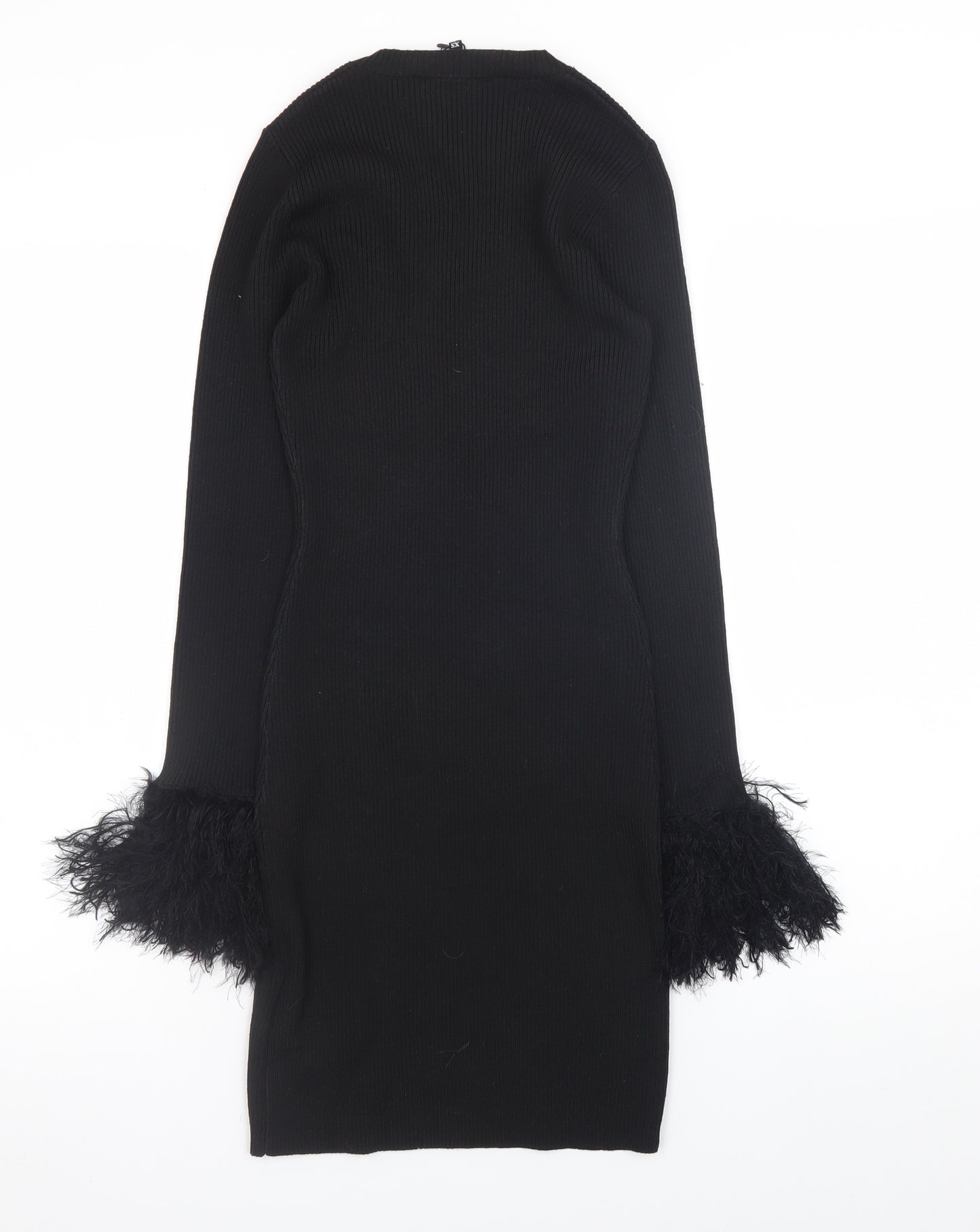 Wednesday's Girl Women's Black XS Bodycon Knit Dress with Feather Cuffs