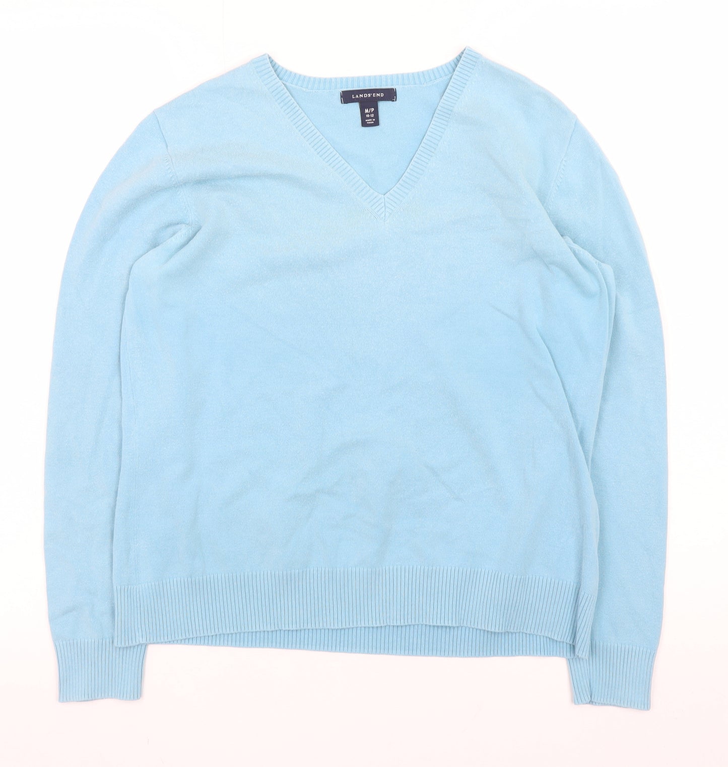 Lands' End Women's Blue V-Neck Cotton Knit Jumper Size 12 Petite