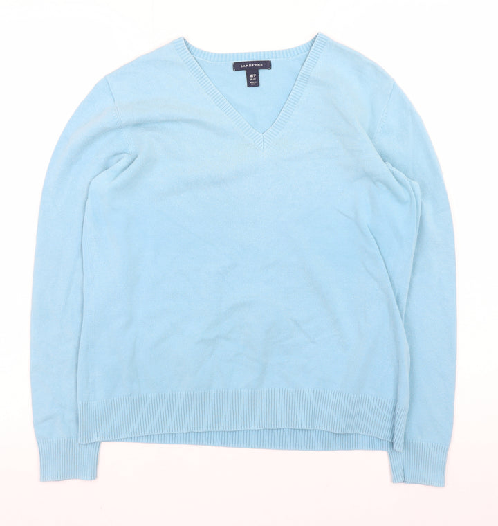Lands' End Women's Blue V-Neck Cotton Knit Jumper Size 12 Petite