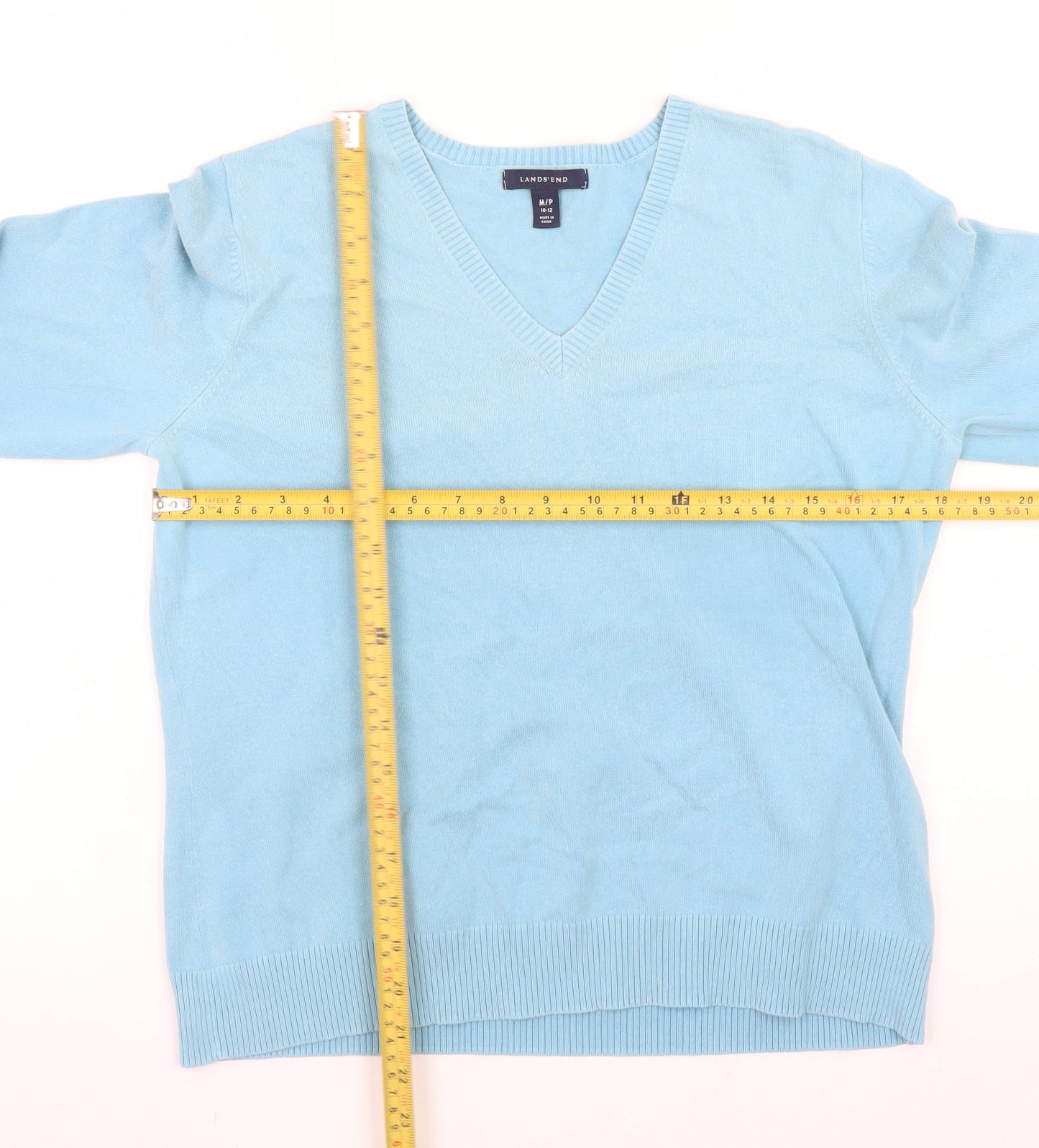 Lands' End Women's Blue V-Neck Cotton Knit Jumper Size 12 Petite