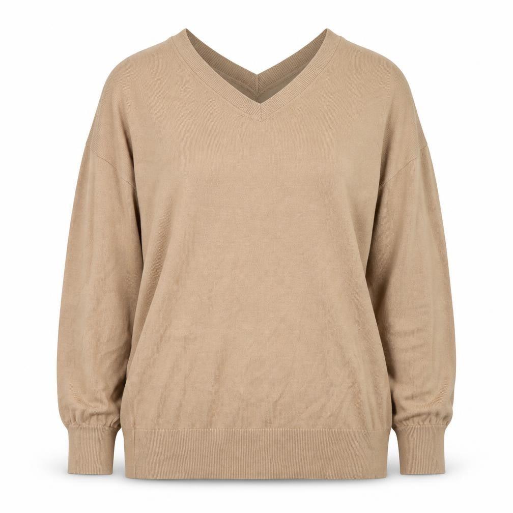 Front view of Sonsandar Women’s Beige V-Neck Knit jumper, size M