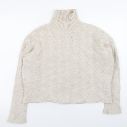 Poetry Women Beige Roll Neck Cable-Knit Lambswool Jumper Size 14