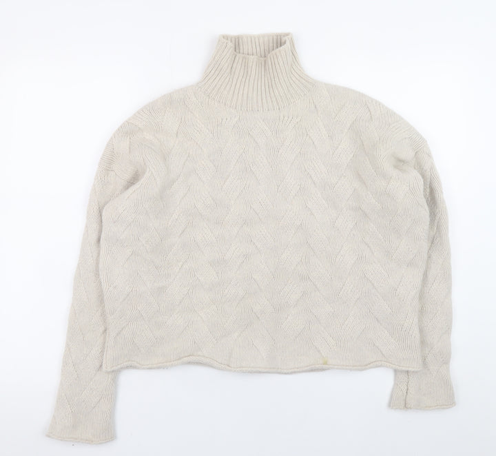 Poetry Women Beige Roll Neck Cable-Knit Lambswool Jumper Size 14