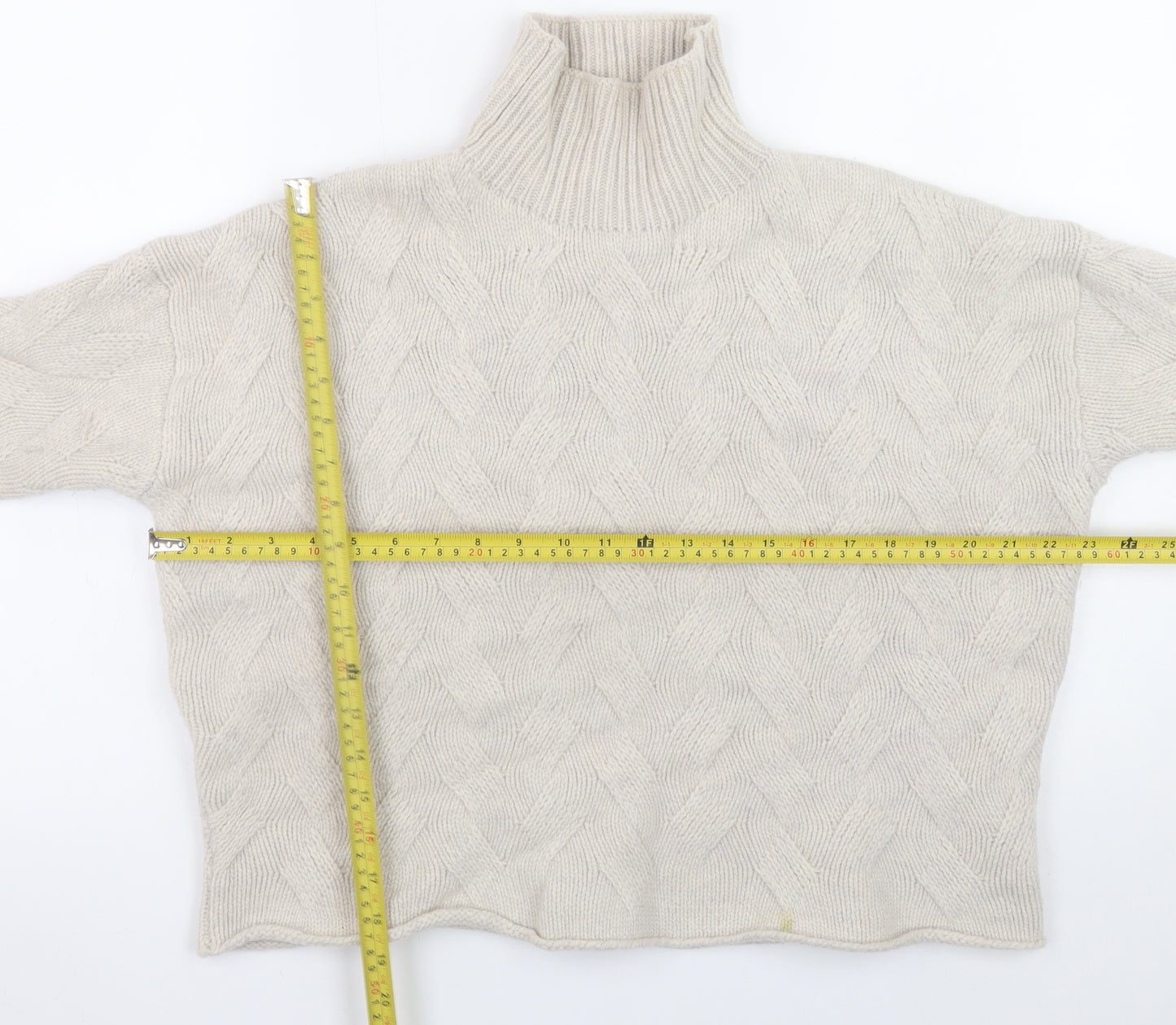 Poetry Women Beige Roll Neck Cable-Knit Lambswool Jumper Size 14