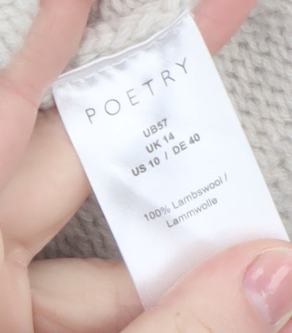 Poetry Women Beige Roll Neck Cable-Knit Lambswool Jumper Size 14