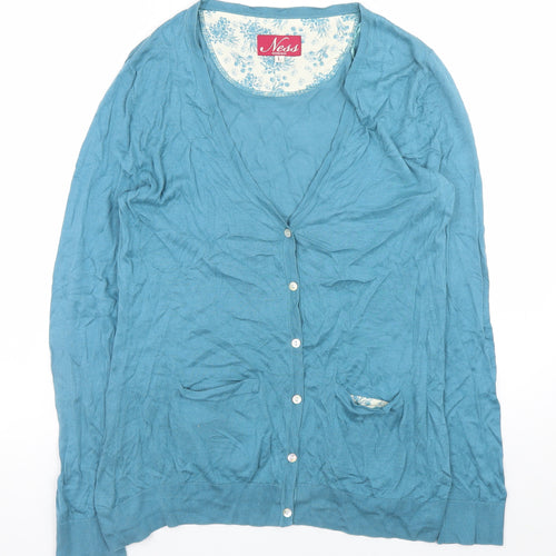 Ness Women Blue L Button Cardigan Knit Lightweight V-Neck
