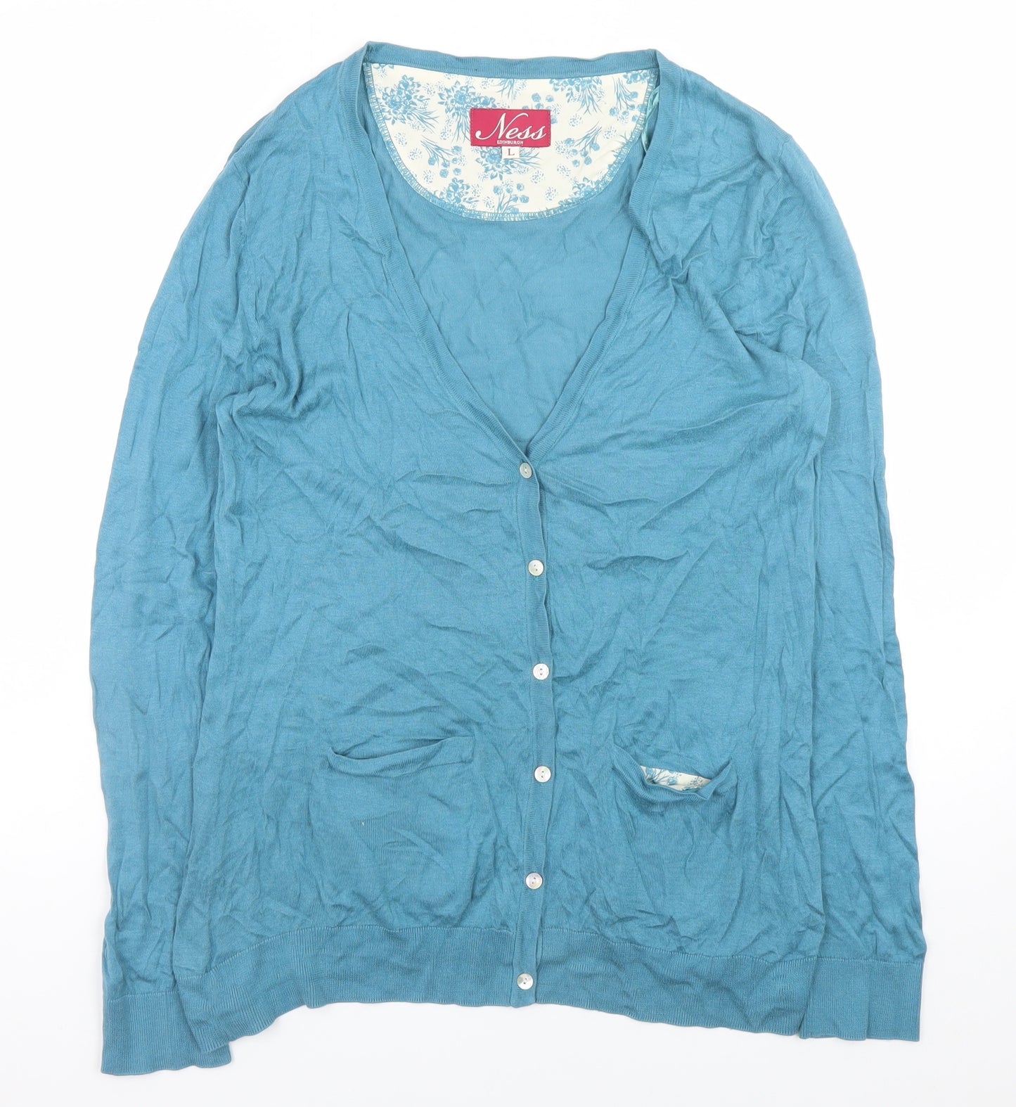 Ness Women Blue L Button Cardigan Knit Lightweight V-Neck