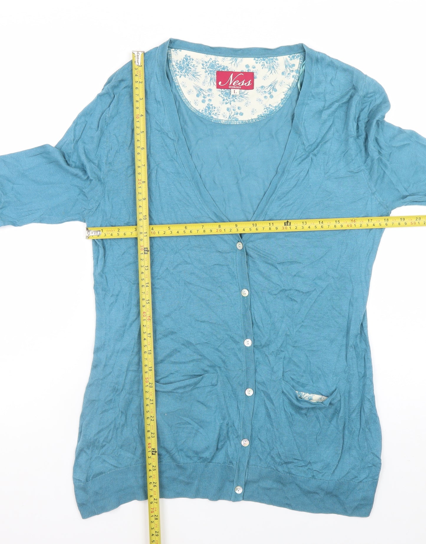 Ness Women Blue L Button Cardigan Knit Lightweight V-Neck