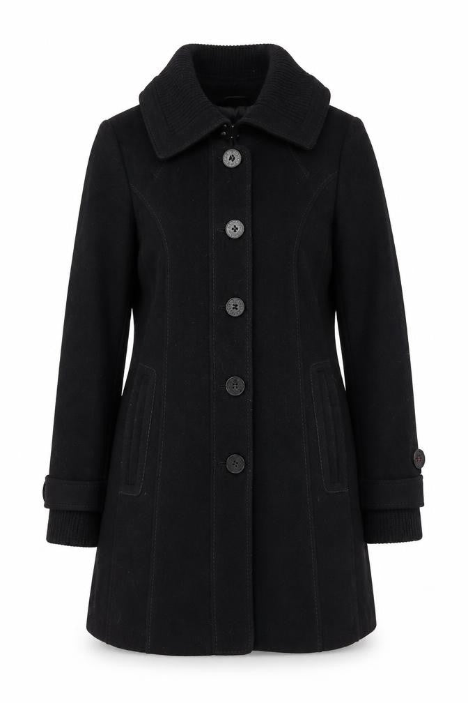 Front view of ESPRIT women’s black wool blend mid-length coat, size UK 12