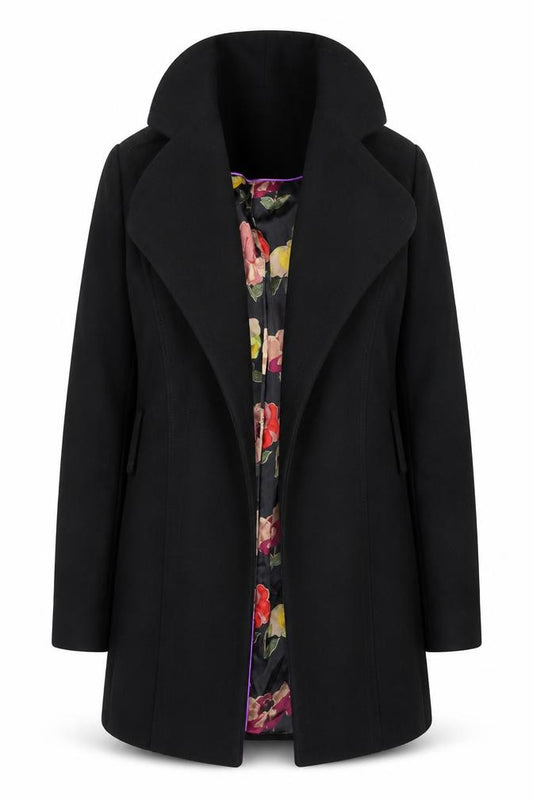 Front view of Ted Baker Women Black Wool Cashmere Blend Mid-Length Coat, size 8