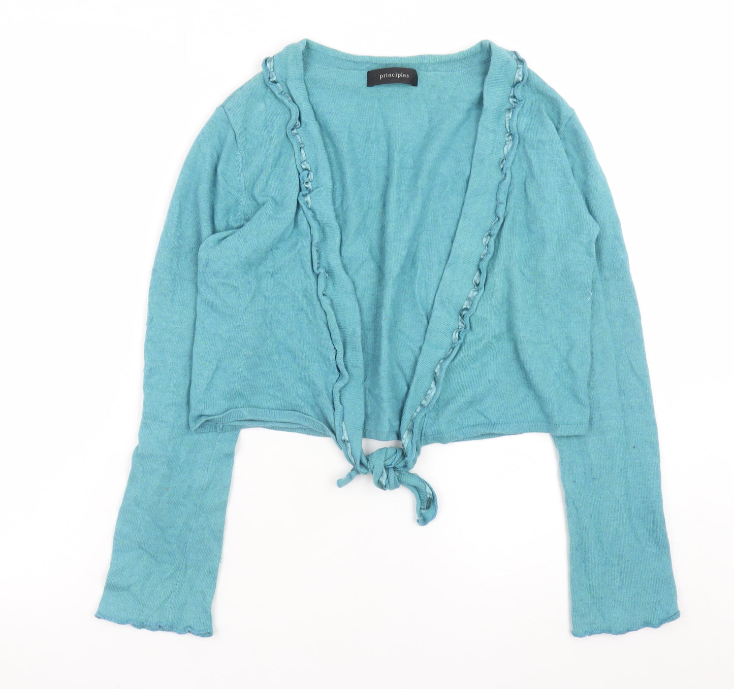 Principles Women Blue Tie Front Ruffle Cardigan Size 12