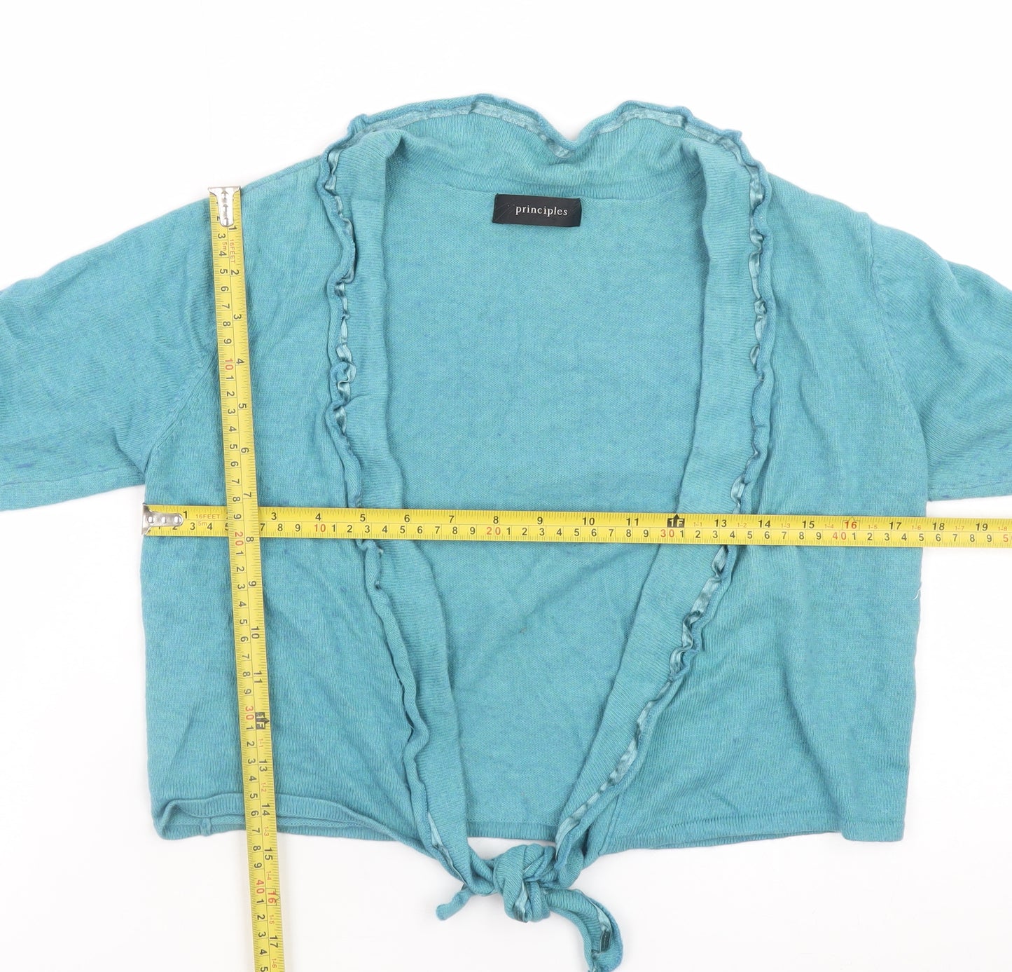 Principles Women Blue Tie Front Ruffle Cardigan Size 12