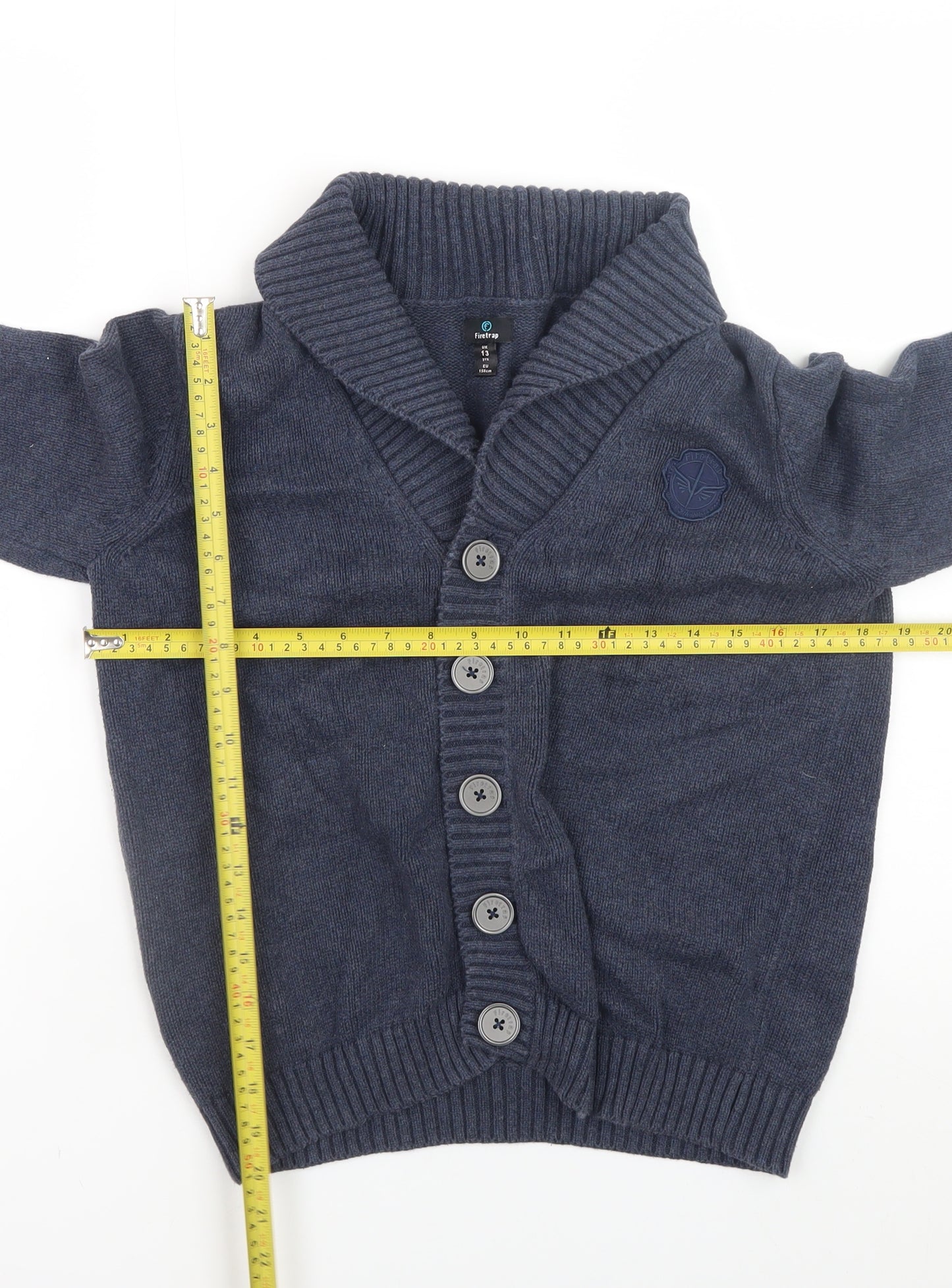 Firetrap Boys Blue Cotton Shawl Collar Button-Up Cardigan 13 Years