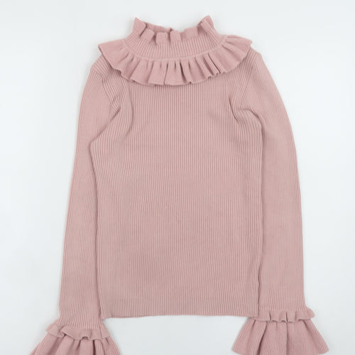 By Clara Women Pink Ruffle High Neck Rib Knit Jumper S