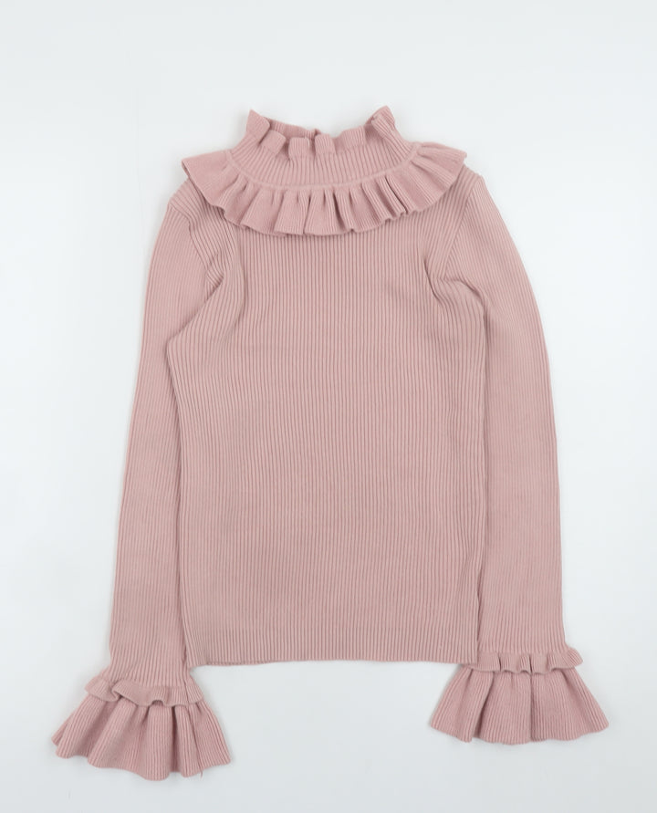 By Clara Women Pink Ruffle High Neck Rib Knit Jumper S