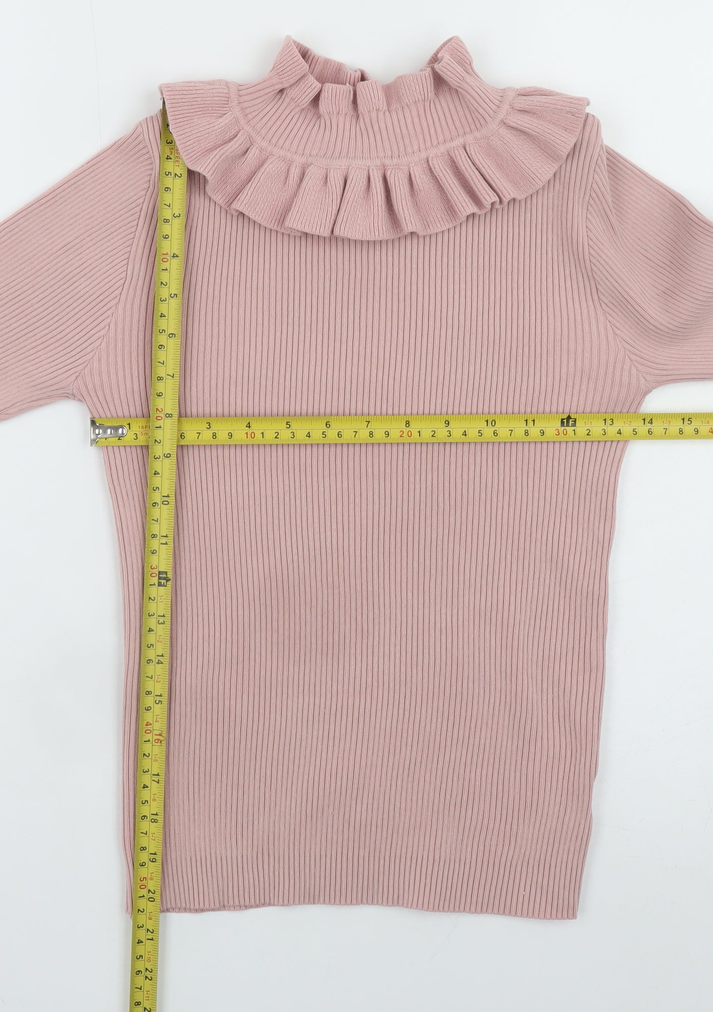 By Clara Women Pink Ruffle High Neck Rib Knit Jumper S