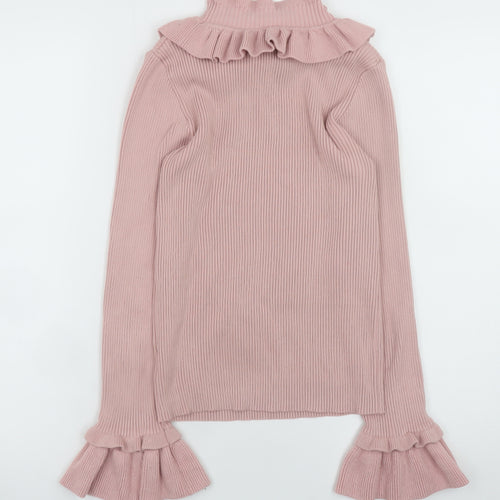 By Clara Women Pink Ruffle High Neck Rib Knit Jumper S
