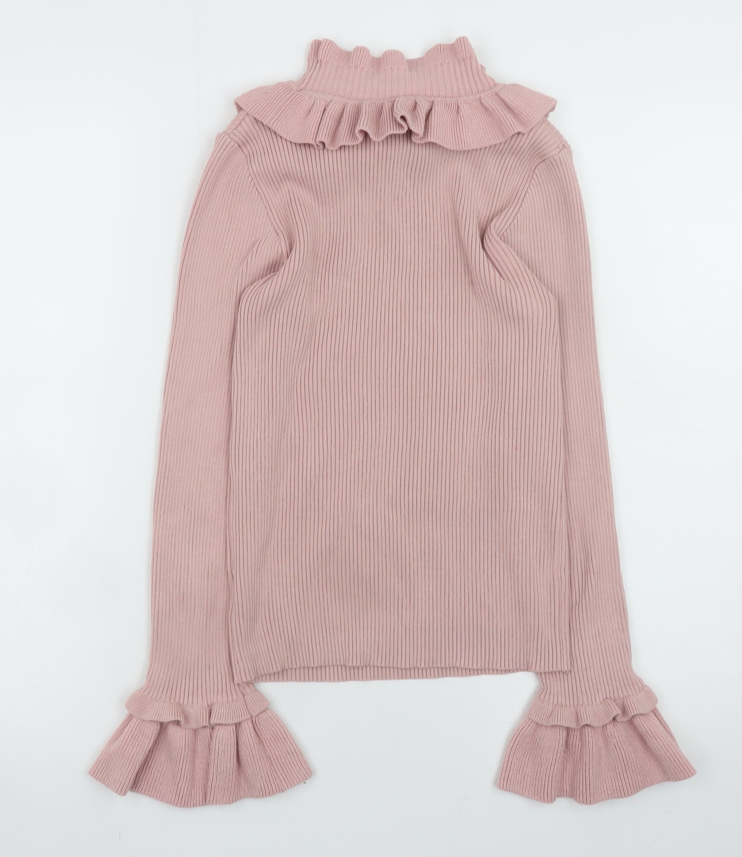 By Clara Women Pink Ruffle High Neck Rib Knit Jumper S