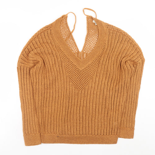 River Island Women’s Brown Open-Knit V-Neck Long Sleeve Jumper Size 10