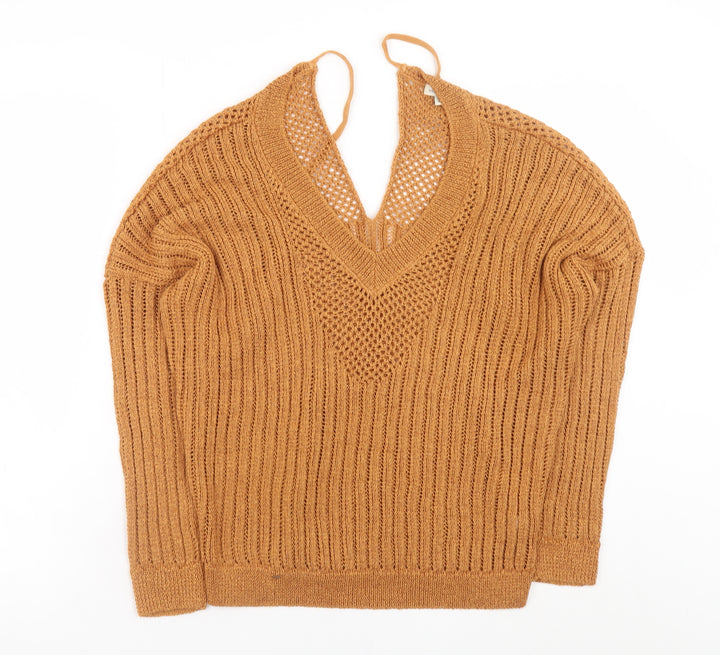 River Island Women’s Brown Open-Knit V-Neck Long Sleeve Jumper Size 10