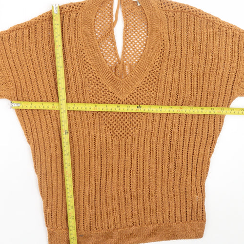 River Island Women’s Brown Open-Knit V-Neck Long Sleeve Jumper Size 10