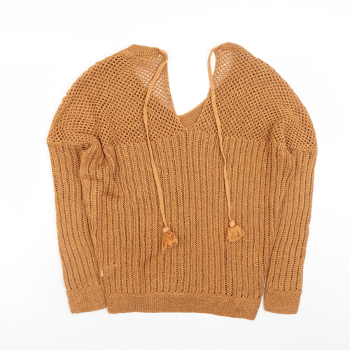 River Island Women’s Brown Open-Knit V-Neck Long Sleeve Jumper Size 10