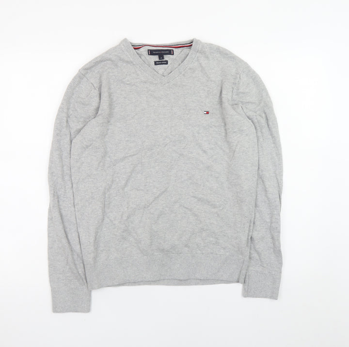 Tommy Hilfiger Men's Grey V-Neck Cotton Jumper Size M