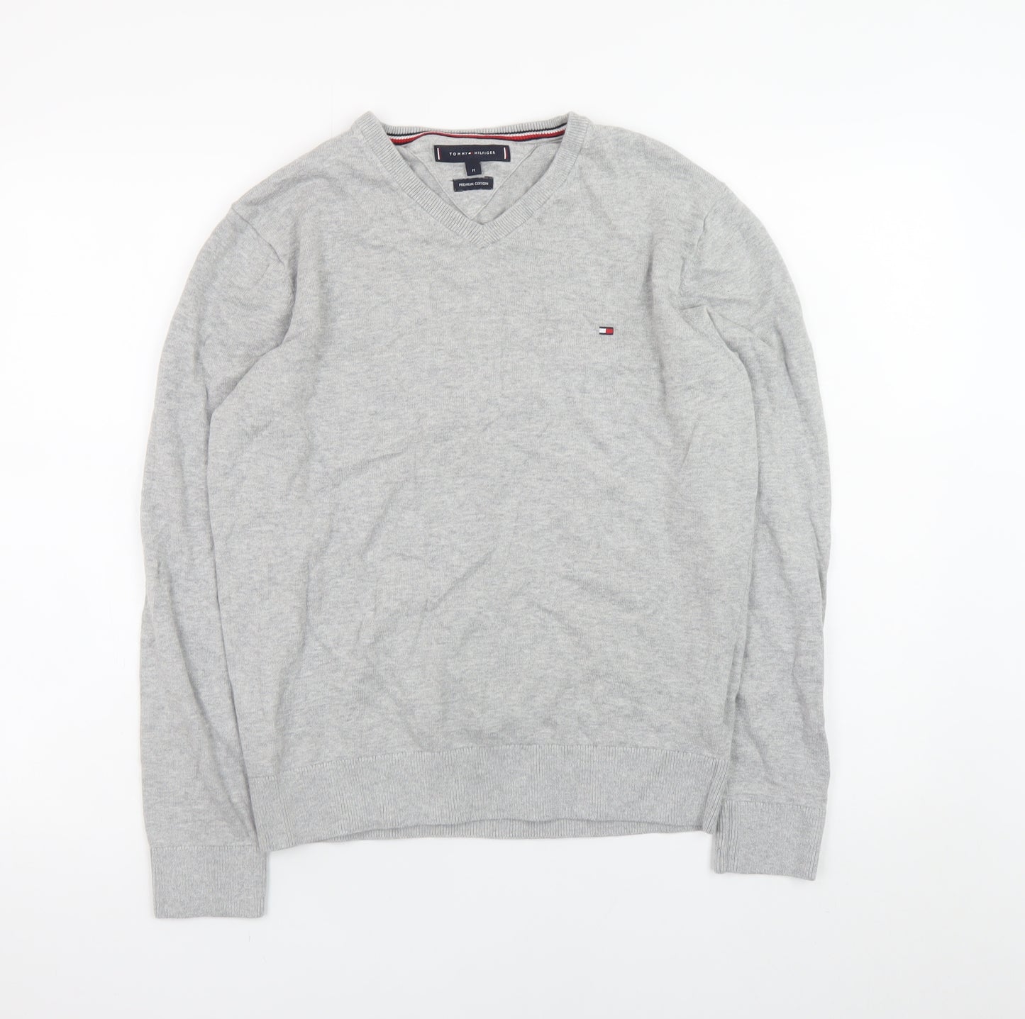 Tommy Hilfiger Men's Grey V-Neck Cotton Jumper Size M