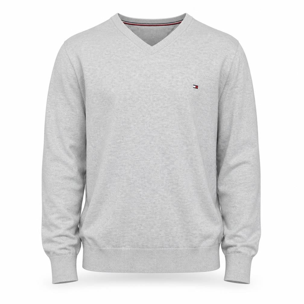 Front view of Tommy Hilfiger Men's Grey V-Neck Cotton Jumper, size M