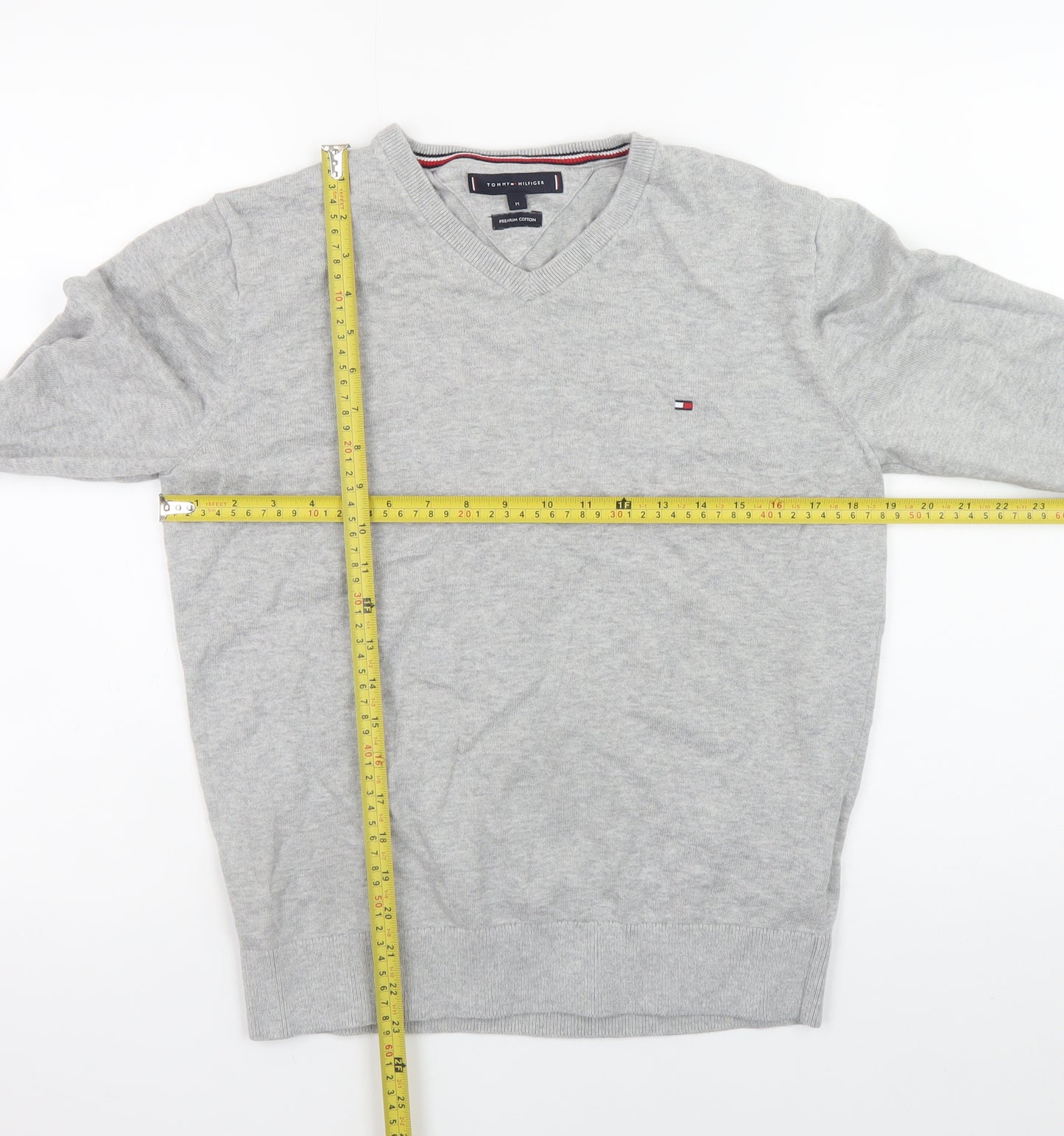 Tommy Hilfiger Men's Grey V-Neck Cotton Jumper Size M