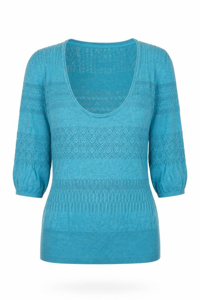 Fat Face Womens Blue Cotton Open Knit Short Sleeve Jumper Size 8