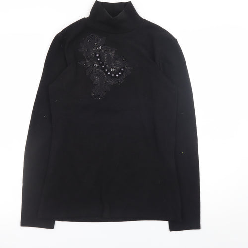 Zara Women Black Mock Neck Beaded Pullover Jumper Size M