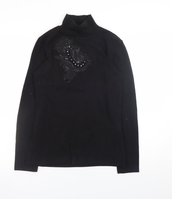 Zara Women Black Mock Neck Beaded Pullover Jumper Size M