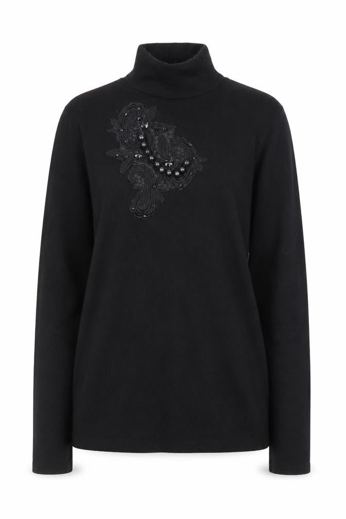 Front view of Zara Women Black Mock Neck Beaded jumper, size M