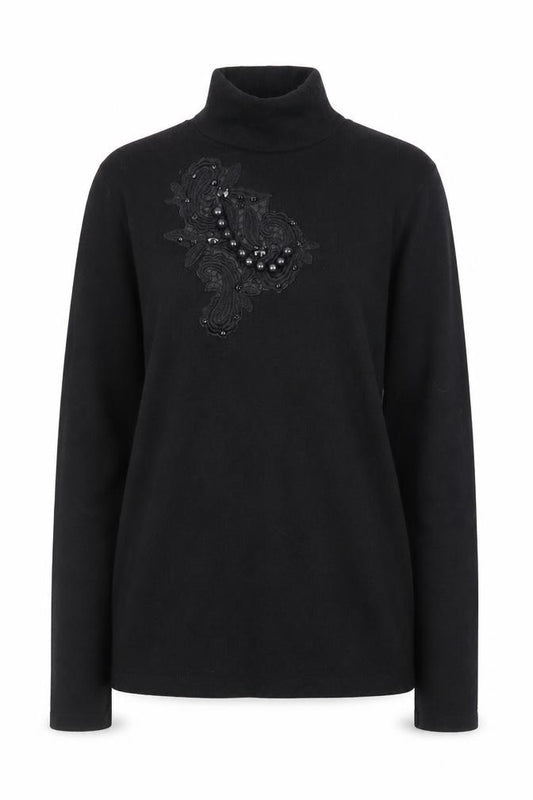 Front view of Zara Women Black Mock Neck Beaded jumper, size M