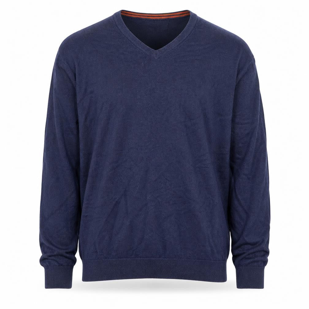 Front view of Boden Men’s Blue V-Neck Cotton Cashmere Jumper, size M