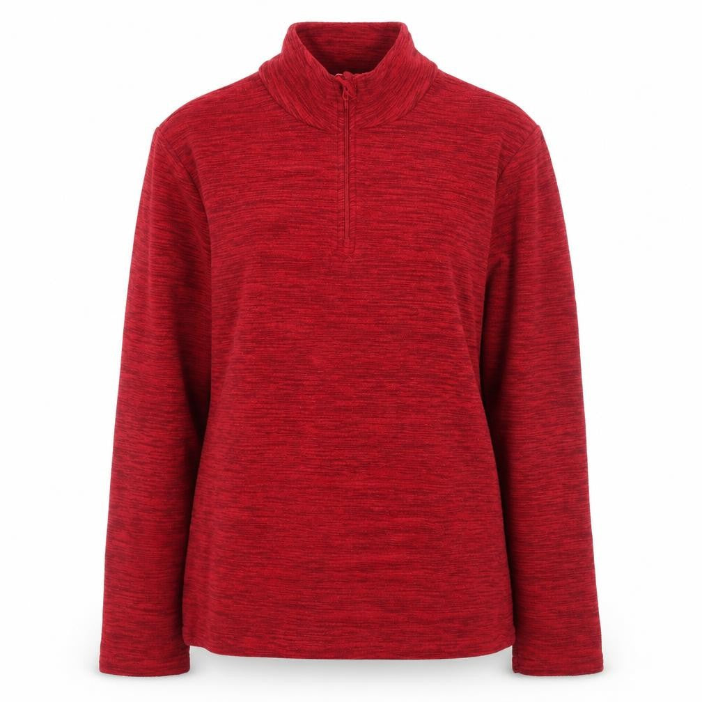 Front view of Mountain Warehouse women’s red fleece half zip jacket, size UK 12