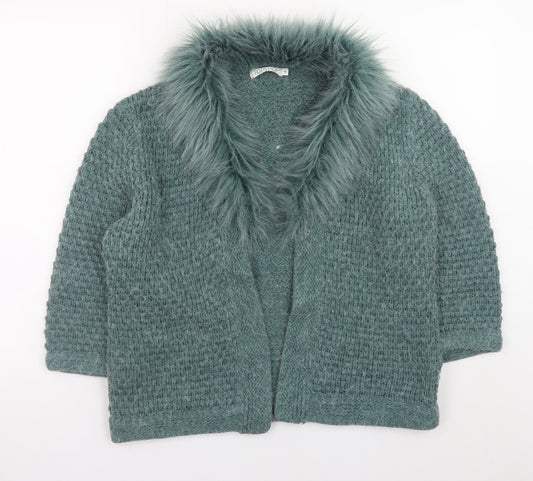 Topshop Women’s Green Fur Trim Chunky Knit Cardigan Size 16