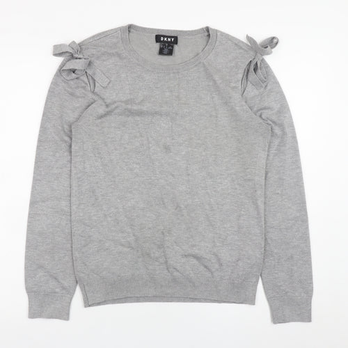 DKNY Women Grey Crew Neck Bow Sleeve Pullover Jumper Size S