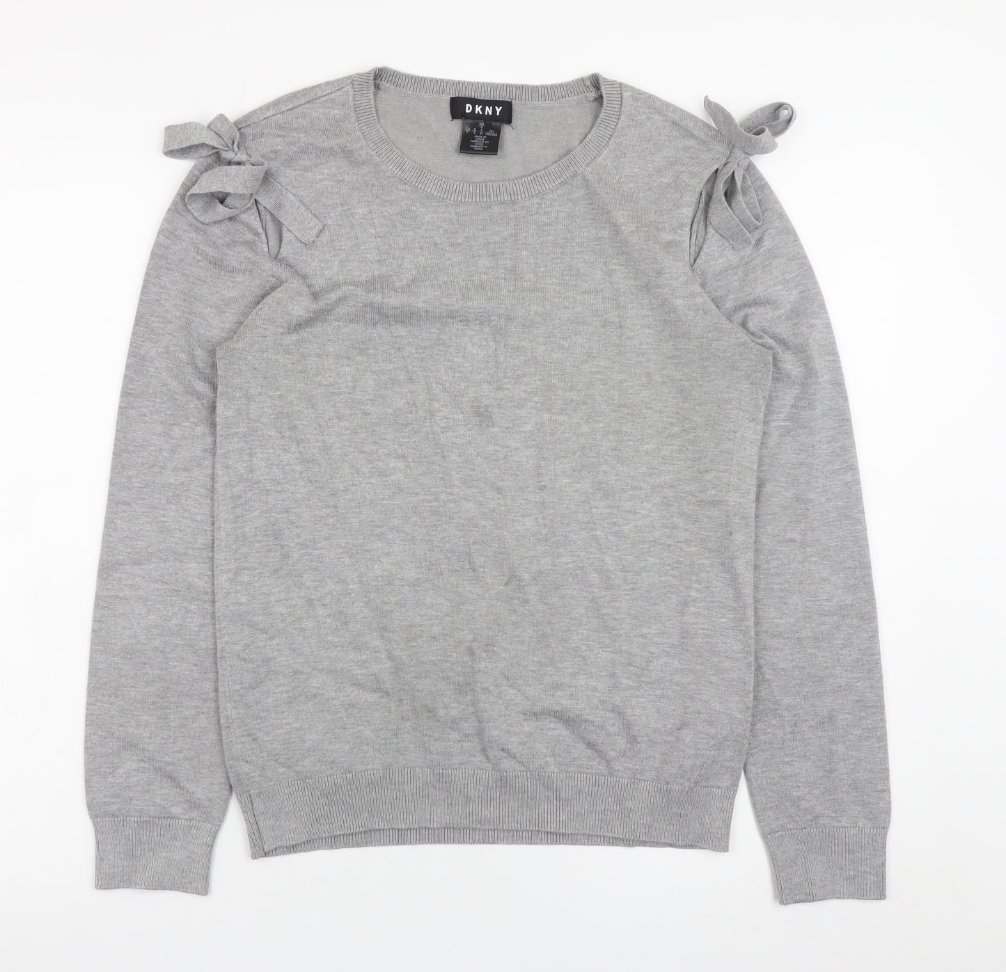 DKNY Women Grey Crew Neck Bow Sleeve Pullover Jumper Size S